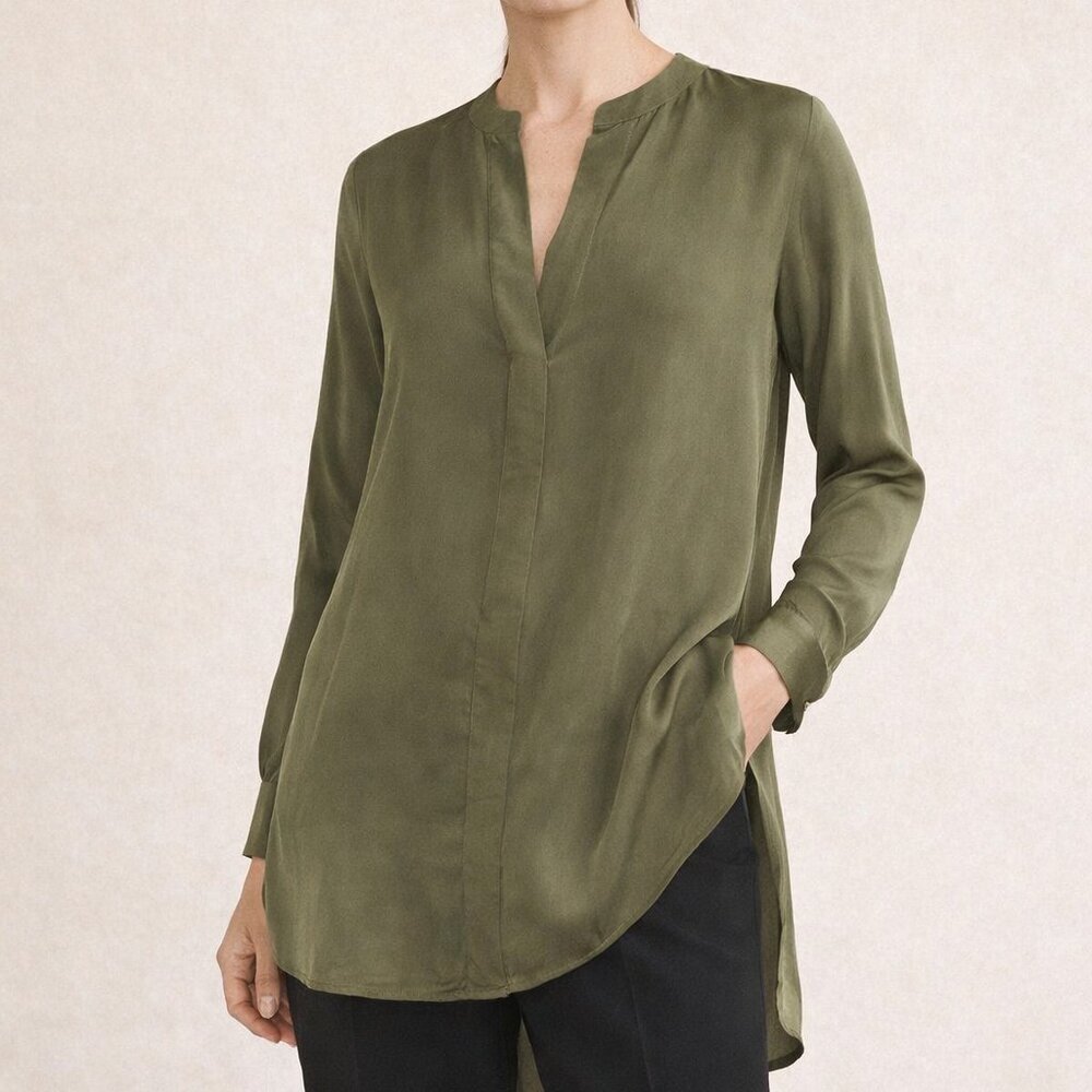 Banana Republic Olive Green Silk‎ Tunic Shirt High Low Minimalist Luxe Small